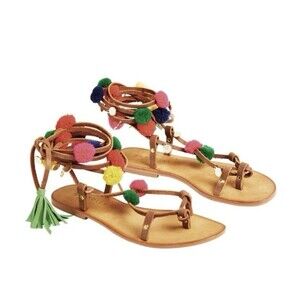 Seafolly Womans Leather Sandals sz 8 Colorful Pom Ankle Wrap Beach Boho Festival